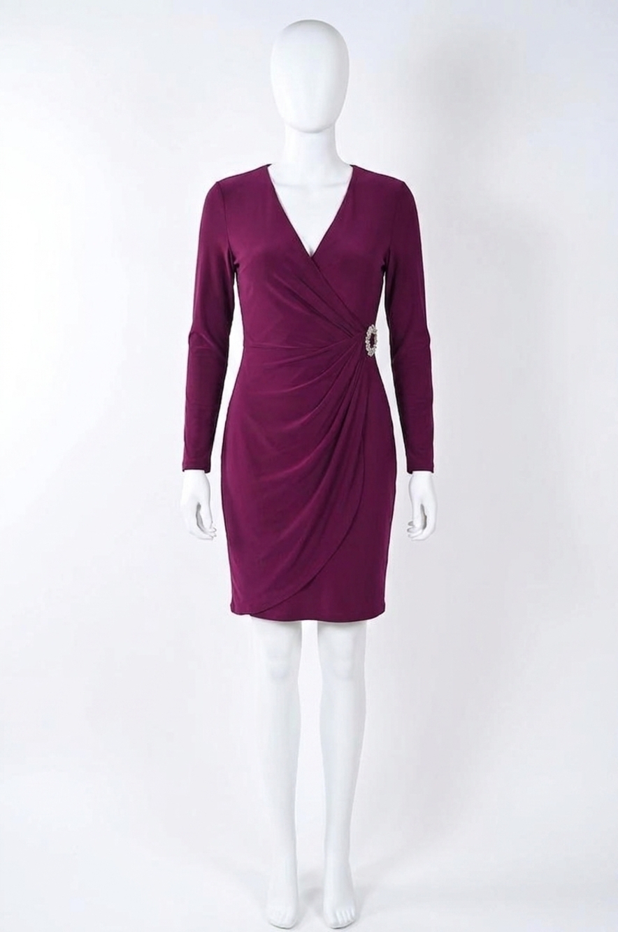 NEW FRANK LYMAN waverly wrap with brooch dress in sangria